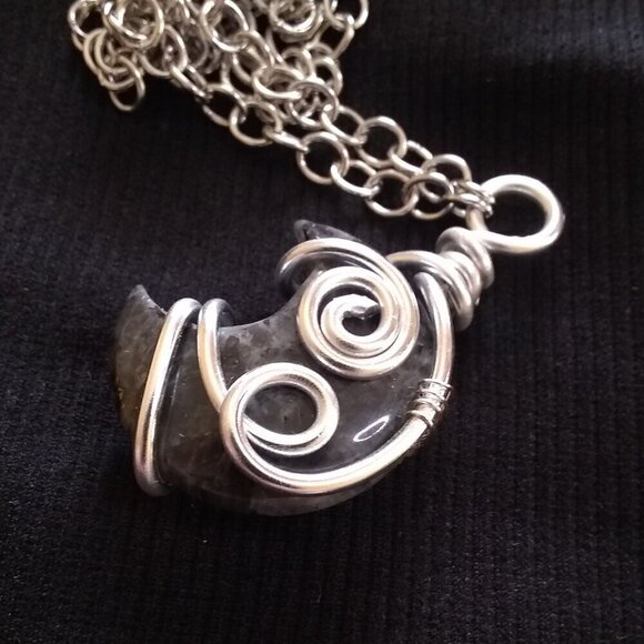 Chunky Larvikite Moon Pendant! Wire Wrapped - Gray Silver Black Labrador… - Picture 7 of 12